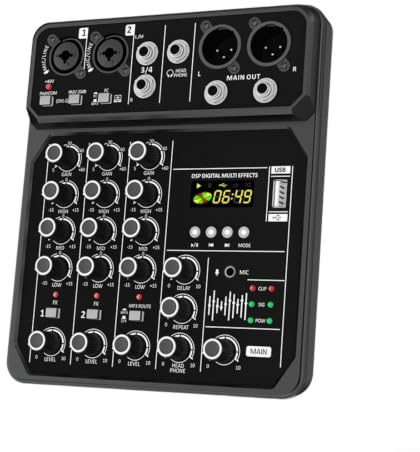 Lapiglo Console de mixage audio compacte à 4 canaux, mixeur sonore portable alimenté par 48 V, pour événements en plein air, construction ABS avec commandes intuitives, 26 x 21 x 6 cm, noir