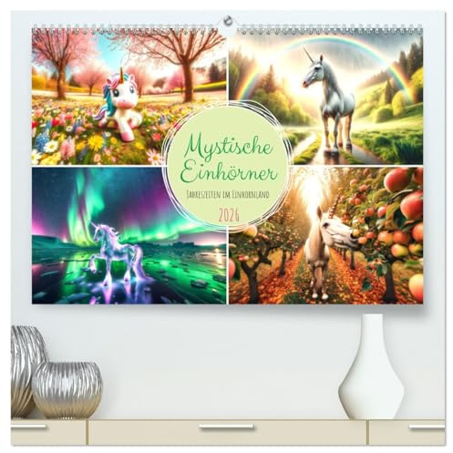 Mystische Einhörner - Jahreszeiten im Einhornland (hochwertiger Premium Wandkalender 2026 DIN A2 quer), Kunstdruck in Hochglanz: Ein Jahr voller ... in wechselnden Landschaften. (CALVENDO Spass)