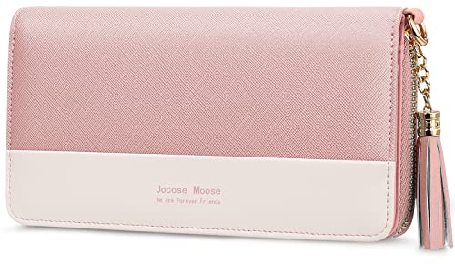 Jocose Moose Damen Geldbörse, große Kapazität Kunstleder Brieftasche, Reißverschluss RFID Geldbörse mit Quaste Anhänger, 12 Kartenfächer und Münzfach