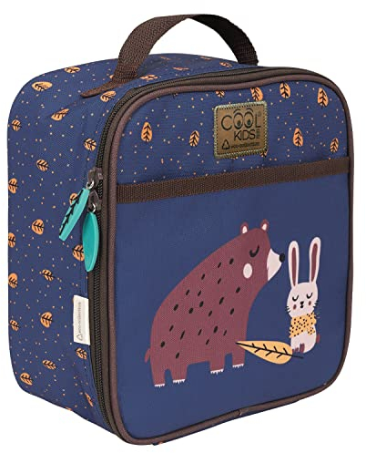 PERLETTI Bolsa Termica Porta Alimentos Niño Niña con Oso y Conejito - Nevera Portatil Isotermica Azul para Comida - Bolsa Almuerzo Infantil Playa Picnic - 22x21x11 cm - Green Kids (Oso y Conejito)