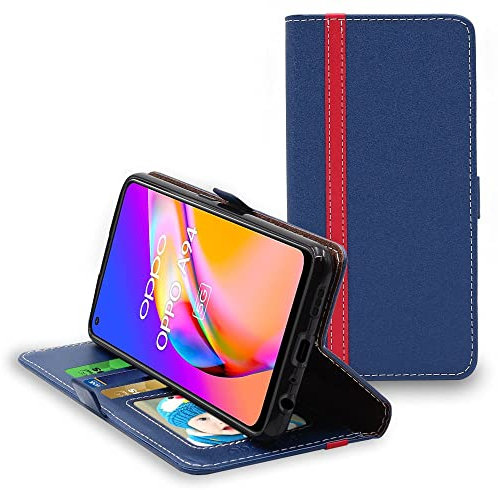 ebestStar - Funda para OPPO A94 5G, Carcasa Libro Capa, Protectora Cartera, Cuero PU Soporte Tarjeta, Azul Oscuro/Rojo
