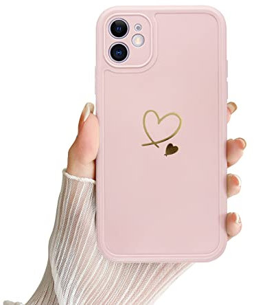 Case for iPhone 12, Cute Gold Love-Heart Pattern iPhone 12 Case for Women and Girls Soft Silicone Flexible Slim Shockproof Protective Cover Case Compatible with iPhone 12(6.1 Inch)-Pink