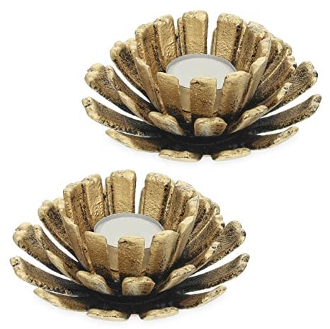 Relaxdays Teelichthalter, 2er Set, Blumenform, Teelichtständer Gusseisen, drinnen & draußen, HxD: 6 x 13,5 cm, Gold