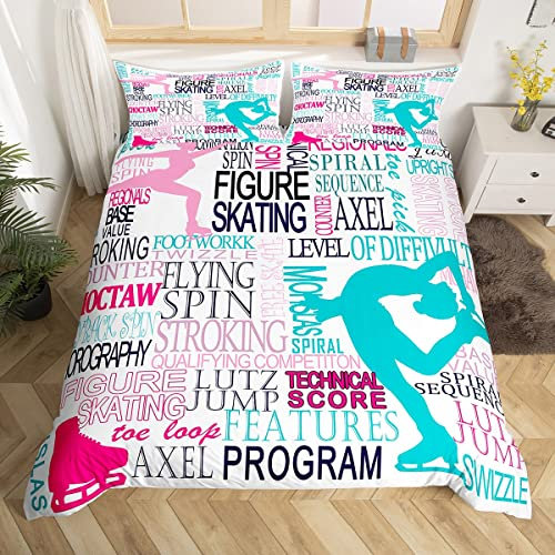 Castle Fairy Eislauf-Bettbezug-Set, Doppelgröße, Skater-Sport-Renn-Bettwäsche-Set, 2-teilig, rosa, blau, weiß, Bettbezug für Kinder, Mädchen, Frauen, Jugendzimmer, moderner Bettbezug, 1 Kissenbezug