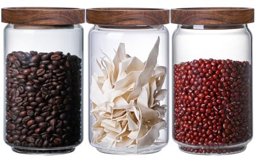 Danmu Art 700ml Glass Storage Jars with Airtight Wood Lids - Stackable Food Storage Containers for Pasta,Coffee Beans,Cereal - Set of 3,Flour 700ml