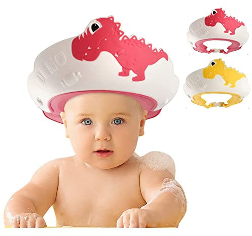 FUNUPUP 2 Stück Duschhaube Kinder Baby Verstellbare Krone-Form Haare Waschen Kinderschutz Schild Shampoo Schutz Baby-Visier für Augen und Ohren Dinosaurier