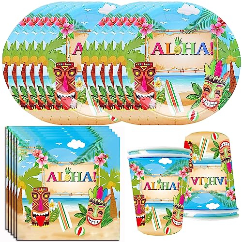 YGCHEN Vaisselle Hawaii Vaisselle de Fête Aloha Vaisselle Hawaïenne Anniversaire Assiettes Gobelets Serviettes Tropical Vaisselle Jetable Anniversaire d'Été Décoration 10 Invités