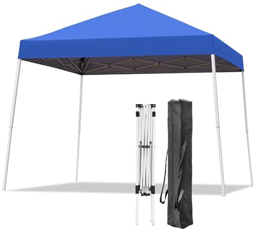 Oneofics Pop-up Canopy Tent, 10x10 Foot, Slant Legs with Carrying Bag, Gazebo Shelter for Patio Deck Garden and Beach, 8x8 Foot Cover Included, Blue