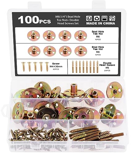 Moendergo 100 Stück M6 Brad Hole Tee Mutter mit Montageschrauben Set Verzinkter Kohlenstoffstahl 3-Loch-T-Muttern Möbel Hardware Flansch Einsatz Innengewinde für Holzmöbel (A)