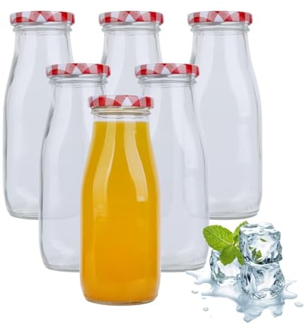Yeelua 6 Glass Milk Bottles, 250ml Each, with Red Gingham Lids - Reusable Juice Bottles & Jam Jars for Decoration & Weddings