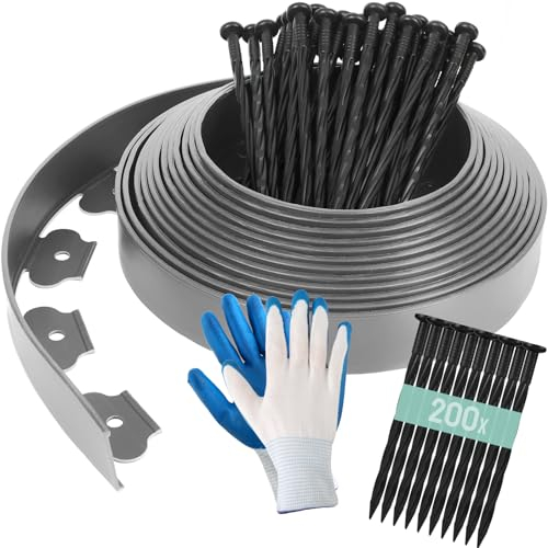 Borde de Césped de Plástico, 40M Borde Jardín, Borde de Macizo de Flores Flexible, con 200 Anclajes de Suelo y 2 Pares de Guantes, Altura 5 cm, Bordura Jardín Exterior, Bordillos para Jardin, Gris