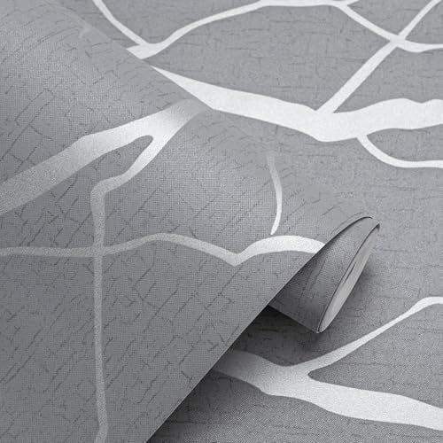 Trafagala Grey 3D Embossed Wallpaper for Living Room Hallway Silver Striped Branch Glitter Wallpaper Feature Geometric Wallpapers for Bedroom Lounge Kitchen Wall Paper Roll