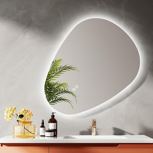 EMKE Badspiegel mit Beleuchtung Asymmetrischer 80 x 60 cm, Anti Beschlag | LED Badezimmerspiegel mit 3 Lichtfarben Dimmbar, Memory & 3h Auto-Off, Wandspiegel für Bad & Gäste-WC