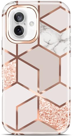 JAHOLAN Schutzhülle für iPhone 16 Plus, glitzernd, Marmor, stoßfest, dünn, harte Rückseite, Handyhülle für iPhone 16 Plus, 6,7 Zoll, 2024, Roségold