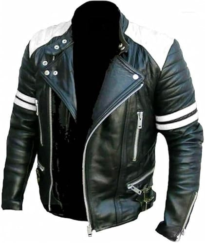 Men's Brando Classic Vintage Cafe Racer Black & Red Stripes Quilted Vintage Biker Genuine Real Sheepskin Leather Jacket (UK, Alpha, XL, Regular, Regular, Black & White)