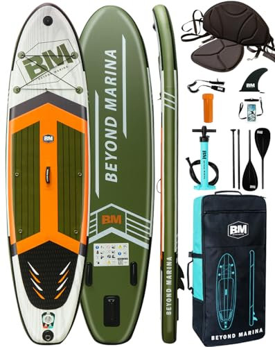 BEYOND MARINA Sup Board, Stand Up Paddling Board, Paddle Board, Aufblasbares Paddleboard Surfboard Wassersport, Sitz, 2-in-1 Paddel, Pumpe, Rucksack, Leash, 320 x81 x15CM, Streifen-Holzmaserung