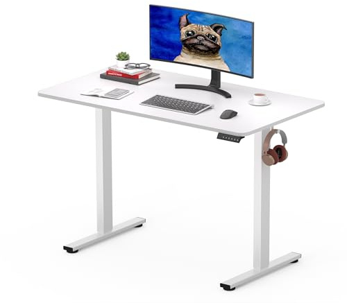 SANODESK Elektrisch Höhenverstellbarer Schreibtisch 100 x 60 cm mit EINTEILIGER TISCHPLATTE, höhenverstellbar mit 4 Memory-Voreinstellungen, intelligentes Panel und Haken (Weiß)