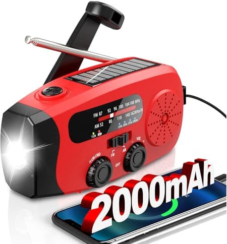 Wind Up Solar Radio, Emergency Radio, Portable Hand Crank Radio, AM/FM Radio with LED Torch, 2000mAh Rechargeable Power Bank, SOS Alarm, USB Phone Charger, Emergency Use for Camping Hiking (Red)