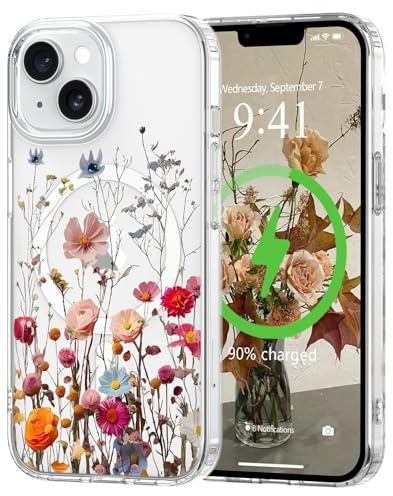 L-FADNUT für iPhone 14/13 Hülle Transparent Blumen Muster Rot | Magnetisch Handyhülle Kompatibel mit MagSafe, Durchsichtig Schutzhülle Hart PC Rückseite Dünne Stoßfest Kratzfestes Case