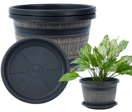 Bamworld Maceteros Decorativos Interior, Juego de 3 Macetas Exterior Grandes con Agujeros de Drenaje y Plato, Maceta de Plástico en Diseño de Barril de Whisky 25 cm para Jardín