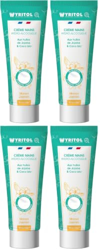 WYRITOL - Crème Hydroalcoolique Désinfectante pour les Mains - Hydrate, répare et parfume les mains - Monoi Jasmin - Respecte la peau et l'environnement - 75ml - Fabrication française (Lot de 4)