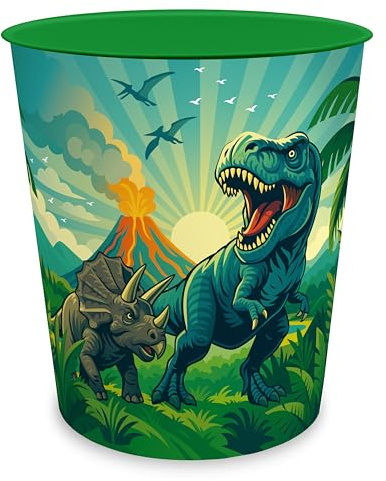 itenga Papierkorb für Kinder mit Motiv - rund ca. 11 Liter - Mülleimer fürs Kinderzimmer - stabiler Kunststoff (Dinosaurier - DINO WORLD)