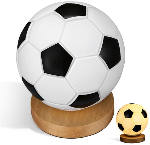 Hemobllo Football Lamp for Boys Bedroom Accessories, Touch Dimmable Glass Football Night Light with Wooden Base, Warm LED Bedside Desk Lamp, Gifts for Kids Fans Room Decor, USB Powered