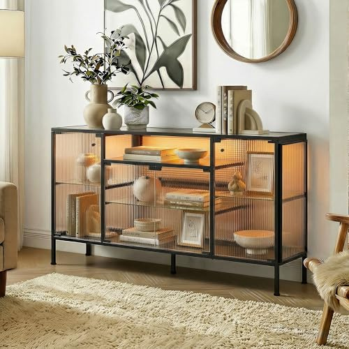 Glasvitrine mit LED 3-Beleuchtung 150cm Vitrinenschrank Eisen Wohnzimmer | Vitrinenschrank mit offenem Mittelfach Glasablagen und erhöhtem Metallgestell für Geschirr Bücher und Dekoration