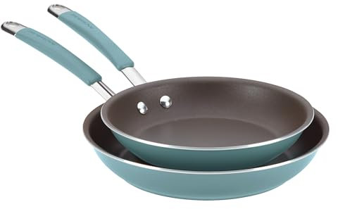 Rachael Ray 16347 Hard Enamel Nonstick Frying Pan Set-23cm and 28cm, Dishwasher Safe, Twinpack frypan Set, Aluminium, Agave Blue