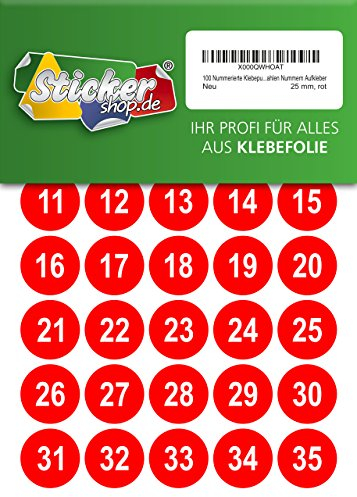100 nummerierte Klebepunkte, 25 mm, rot, aus PVC Folie, wetterfest, Markierungspunkte Kreise Punkte Zahlen Nummern Aufkleber