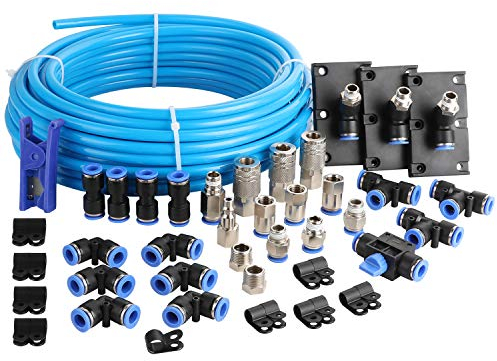 WYNNsky Shop Air Line Kit, 3/8 Inch (9.5MM) OD × 60 Feet Nylon Compressed Air Pipe, 200PSI, Cutter, Tees, Mounting clips, Connectors, 49PCS Garage Air Compressor Accessories Master Kit