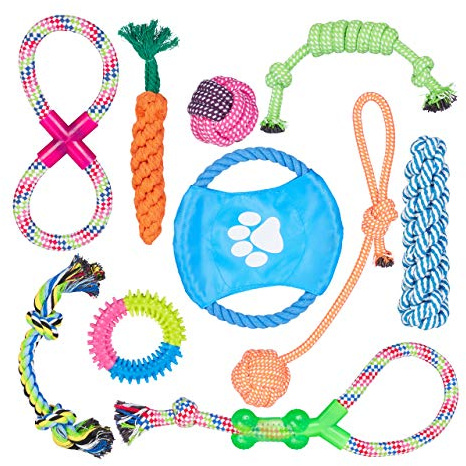 Relaxdays Hundespielzeug Set 10 teilig, Tauspielzeug, Zerrspielzeug, Wurfscheibe, Welpen, kleine & mittlere Hunde, bunt
