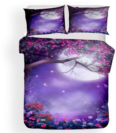 Morbuy Bettbezug Bettwäsche Set, 3D Mythischer Wald Drucken Bettwäsche-Set Deluxe Mikrofaser Weiche mit Reißverschluss Bettbezug und Kissenbezüge (135x200cm -2pcs,Lila Garten)