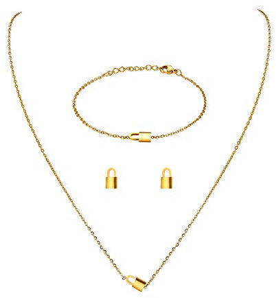 JewelryWe Armband Halskette Ohrringe 4er Set: Gold Edelstahl Schloss Sperren Schmuckset von Armkette, Ohrstecker und Kette mit Anhänger Mode Schlicht Schmuck Geschenk für Damen Mädchen