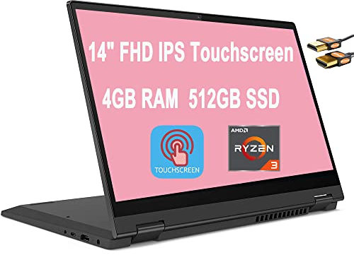 Lenovo Flex 5 Ordinateur portable convertible 2 en 1 14 FHD IPS Écran tactile AMD Quad-Core Ryzen 3 4300U (Beats i5-10210U) 4 Go DDR4 512 Go SSD Dolby Audio Webcam Win 10 + câble HDMI