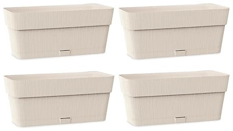 Kigima Set di 4 fioriere per piante, 30 x 13 x 12 cm, colore beige, robusto per balcone e davanzale in plastica, elegante fioriera da balcone con serbatoio dell'acqua, piccolo vaso per fiori