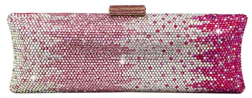 Boutique De FGG Borsa da sera lunga con strass per donne, pochette formale con strass da festa, borsa da sera in cristallo per matrimoni, Piccolo, Gradiente rosa