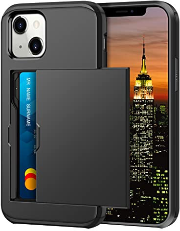 Coolden for iPhone 13 Case with Card Holder Armor Shockproof Heavy Duty Protective Case Hard PC Back Soft TPU Bumper Card Slot Wallet Case Cover for iPhone 13 Phone Case (Black)