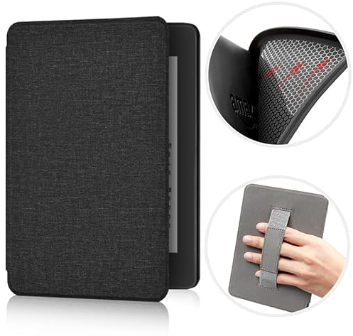 ERUNTO Hülle für 6,8-Zoll-Kindle Paperwhite and Paperwhite Signature Edition, mit Stoffstruktur und Handschlaufe auf der Rückseite, magnetische Hülle mit intelligenter Weck-/Schlaffunktion(Schwarz)