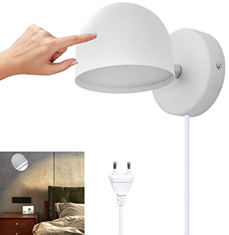 12W LED Innen Wandleuchte Mit Stecker, Touch Control Wandlampe Dimmbar, 360° Drehbare Nachttischlampe, 3000k Warmweiß Einstellbar Leselicht Für Wohnzimmer, Schlafzimmer, Treppen, Flur, Büro,Weiß