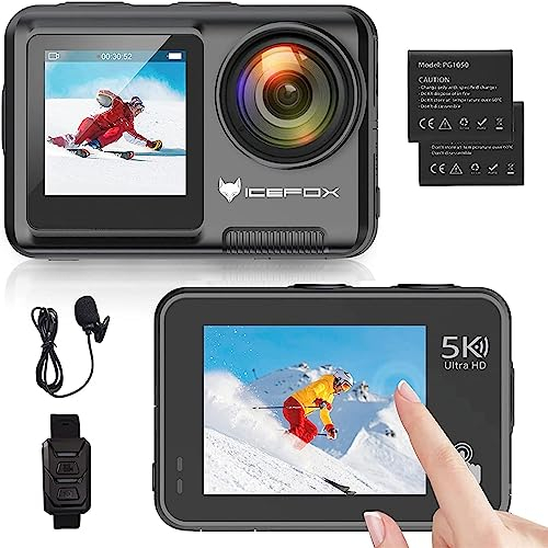 icefox Action Cam 5K 30FPS 20MP mit Touchscreen, EIS Einstellbarer Blickwinkel 4X Zoom, 30M wasserdichte Unterwasserkamera Fernsteuerung Sportkamera mit externem Mikrofon und Zubehör Kit