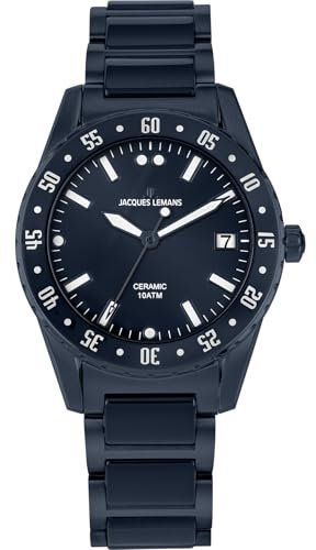 JACQUES LEMANS Herrenuhr Liverpool Massiv Edelstahl/High-Tech-Ceramic massiv Edelstahl ip-Blue 42-10E