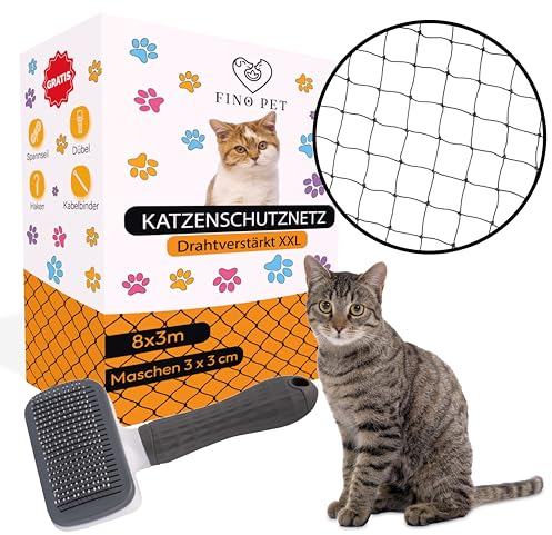 FinoPet Katzennetz für Balkon Drahtverstärkt 8x3 Meter mit Katzenbürste und inklusive Befestigungsmaterial Katzenschutznetz Katzengitter Schutznetz Sicherheitsnetz Balkonnetz für Katzen