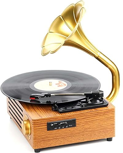 Tourne-Disque Vinyle, avec Tourne-Disque Vintage Bluetooth en Forme De Corne,La Vitesse Réglable À Trois Vitesses Prend en Charge 33% 8 Vitesses Différentes