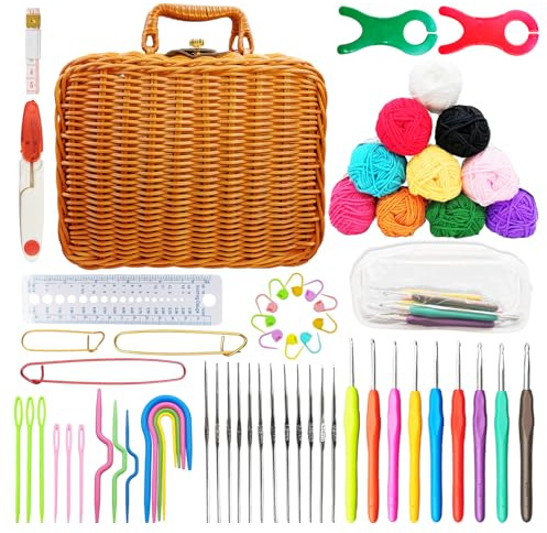 SNAIL GARDEN 64-Teiliges Häkel-Set Mit Tragbarem Rattan-Retro-Koffer, Dicke Weiches Baumwollgarn in 10 Farben, 0,6 Mm Bis 6 Mm Metall-Häkelnadeln für Anfänger und Erwachsene