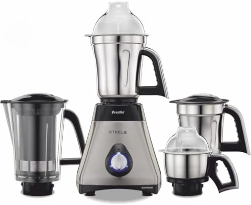 Preethi Steel Supreme MG‑208 Mixer Grinder 750W Powerful Motor 4 Stainless Steel Jars + Super Extractor Wet & Dry Grinding, Chutney & Masala Prep Black/Silver Indian Mixer Grinder for Home Kitchen
