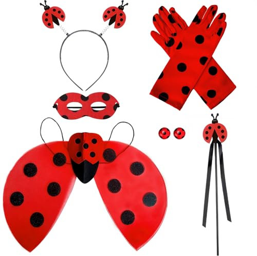 Chyuxinda 6pcs Marienkäfer Kostüm mit Ladybug Haarreif Flügel Handschuhe Zepter Maske Outfit für Halloween Karneval Cosplay Motto Party Fasaching Prinzessin Kostüm