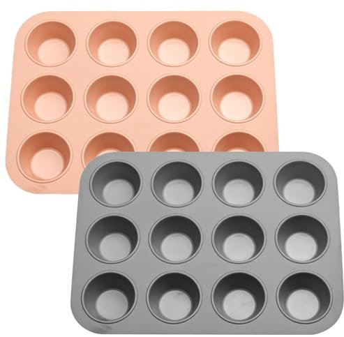 Large Silicone Muffin Tray 12 Cup - 2 pcs Non-Stick Cupcake Tins, Silicone Baking Trays deep Muffin Tray Baking Mold Baking Utensils, Mini Cupcake Tray Bakeware for Cupcakes, 33 x 25 x 3 cm(Gray+Pink)