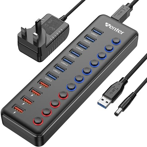 WENTER Powered USB 3.0 Hub 11 Ports, 7 USB 3.0 Data Ports + 4 USB 3.0 Smart Charging Ports Individual On/Off Switches, with 12 V/3 A 36W Adapter and USB Extension for MacBook, Mac Pro and More