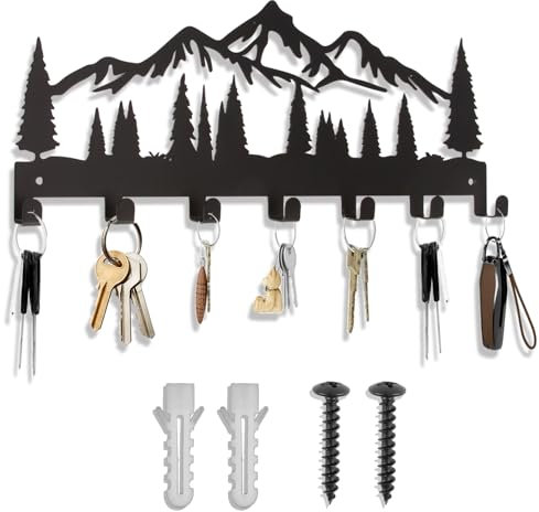 Porte Clef Murale Métal avec 7 Crochets, Accroche Clef Murale Patère en Métal Porte-Clés Mural, Organiseur Décoratif pour Entrée, Couloir, Cuisine et Bureau, Design Montagne et Pin, 30 x 13 cm